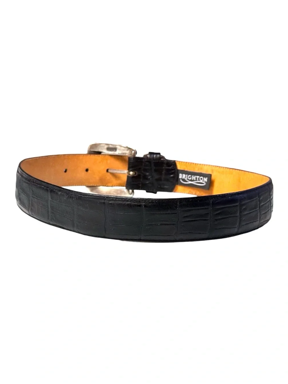 Brighton 1993 Black Croc Leather Western Silver Plated Hardware Belt #43003 Sz S